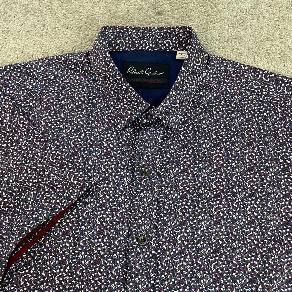 Robert Graham Button Up Shirt Mens Large Tailored Fit Short Sleeve Navy